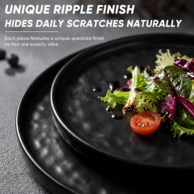 E-far Black Plates and Bowls Sets, 12-Piece Stoneware Dinnerware Set for 4 | Modern Ripple Design Dishes Set for Kitchen Dining, Chip & Scratch Resistant, Microwave & Dishwasher Safe, Matte Black