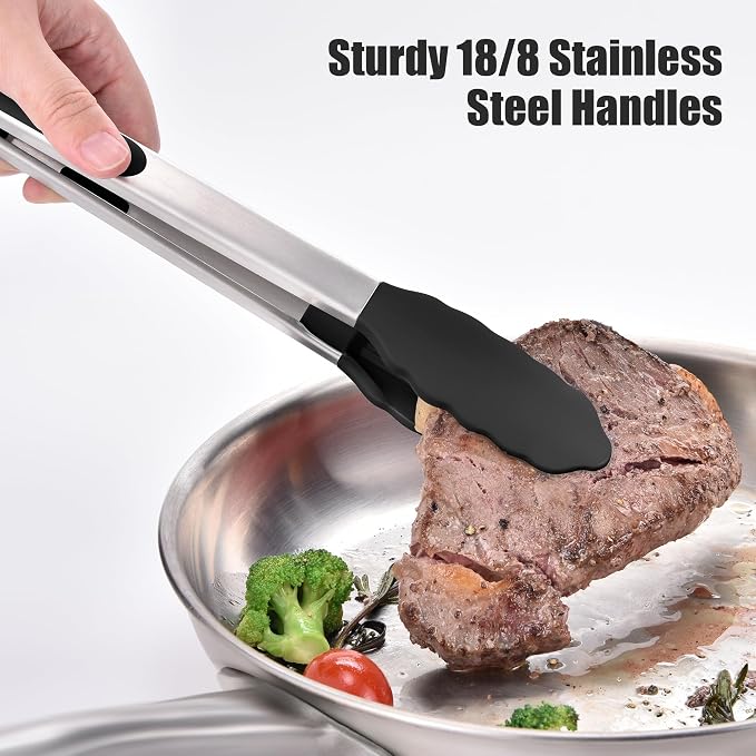 Doosu Kitchen Tongs with Silicone Tips for Cooking Serving (9+12in, Black) | 600°F Heat Resistant Food Tong, Heavy Duty Stainless Steel Locking Tong for BBQ, Grilling Steak, Salad, Toast, Pasta