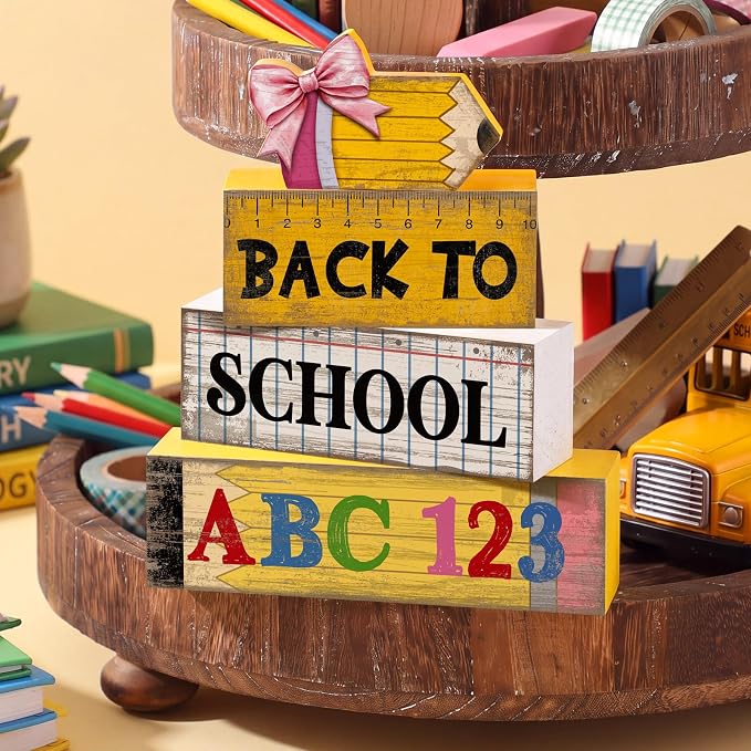 Lineshading 4 Pcs Back To School Table Decorations Wooden Pencil Blocks | Back To School Tiered Tray Decorations With Abc 123 Pencil Ruler, Rustic Farmhouse Gift For Classroom Teacher Desk