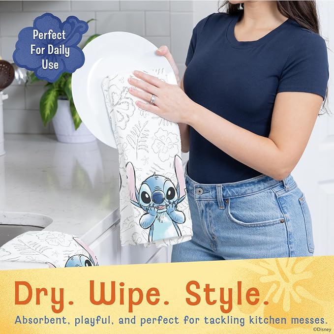 Disney Stitch Cotton Kitchen Towels & Mini Oven Mitts, 4-Piece Set | Absorbent, dries dishes fast, machine washable, mitt grip resists heat to 350F and is hand wash only, great for gifting