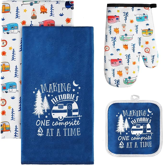 CHENGU 4 Pcs Camping Dish Towel Pot Holder Oven Mitt Gifts Camping Must Have Accessories Essential Making Memories One Campsite at a Time RV Kitchen Towel Absorbent Soft Hand Dishcloth