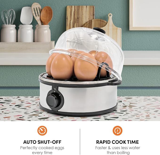 Elite Gourmet EGC724SS Egg Boiler Cooker, 7-Egg Poacher/Omelet Maker, Steel | Cooks soft, medium, or hard-boiled eggs, also scrambles - auto shut-off with buzzer - measuring cup included - BPA-free