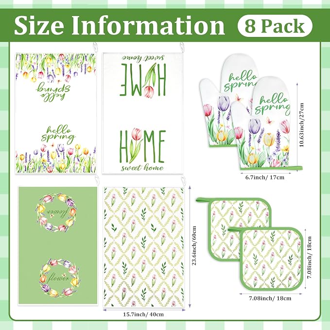 8 Pcs Tulip Floral Spring Style Kitchen Towels Oven Mitts Pot Holders Sets 4 Dish Towels 2 Absorbent Square Potholders 2 Heat Resistant Glove for Cooking Baking Home Mother’s Day Gifting ﻿