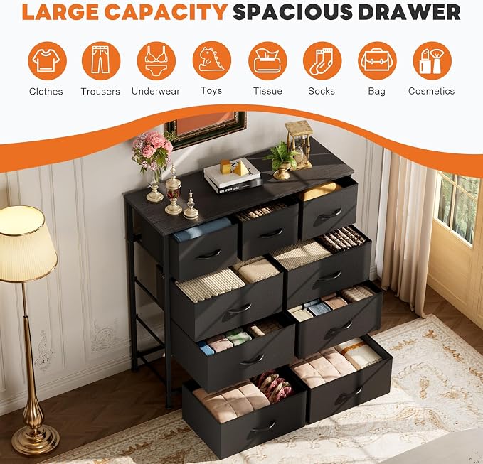 Sweetcrispy 9-Drawer Fabric Dresser Storage Tower with Wood Top, Black | Sturdy Steel Frame with Wood-top, Easy-pull Handle, Space-Saving Organizer Chest for Bedroom, Closet, Lightweight and Stable