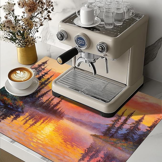 HOMETITUTE Spring Stove Top Covers for Electric Stove 28x20 Inches Sunset Lake Pine Forest Heat Resistant Glass Cooktop Protector Pad Decorative Stovetop Cover for Kitchen Coffee Bar Decor