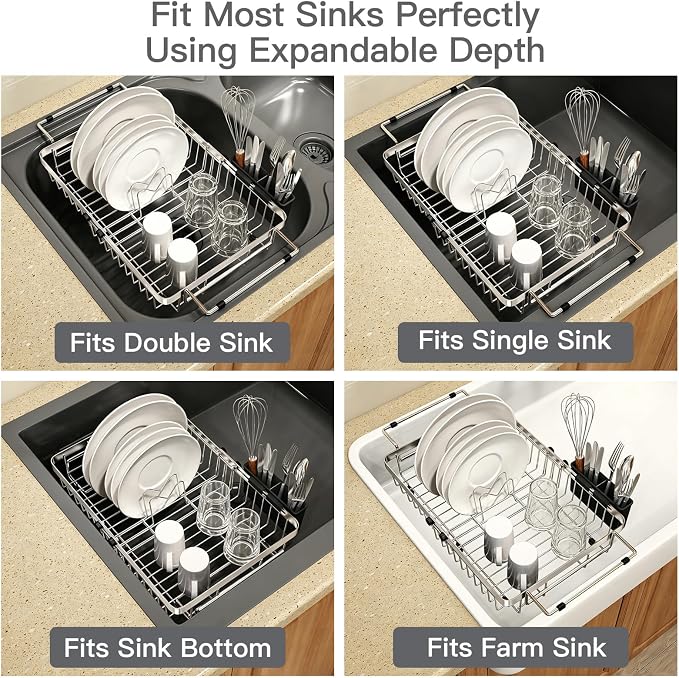 Dish Drying Rack Over The Sink with Utensil Holder | Expandable Stainless Steel Dish Drainer for Small Kitchen, Apartment, RV, Counter Space Saving, Perfect Fit, Rustproof