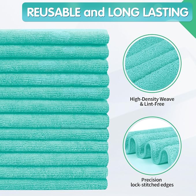 Turquoise Microfiber Cleaning Cloth -Pack of 8, Highly Absorbent Cleaning Rags, 16"X12" All Purpose Cleaning Towels for Housekeeping, Kitchen, Car, Lint Free and Reusable Microfiber Towels