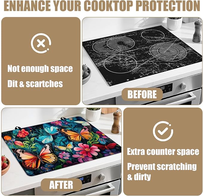 Watercolor Butterfly Floral Stove Top Covers for Electric Stove, Electric Gas Stove Pad Heat Resistant Range Cooktop Protector for Home Decor Kitchen 28"x20"