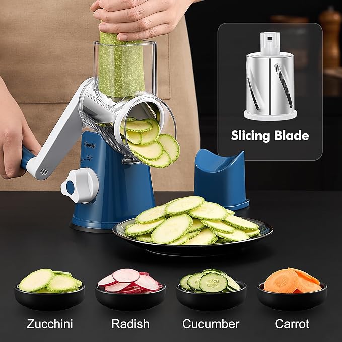 Geedel Rotary Cheese Grater Hand Crank, Cheese Shredder Vegetable Slicer | 3 Blades, 430 Stainless Steel, 12x Fast Cutting, Strong Suction Base, No BPA, Dishwasher Safe, for Cheese, Veggie, Nut