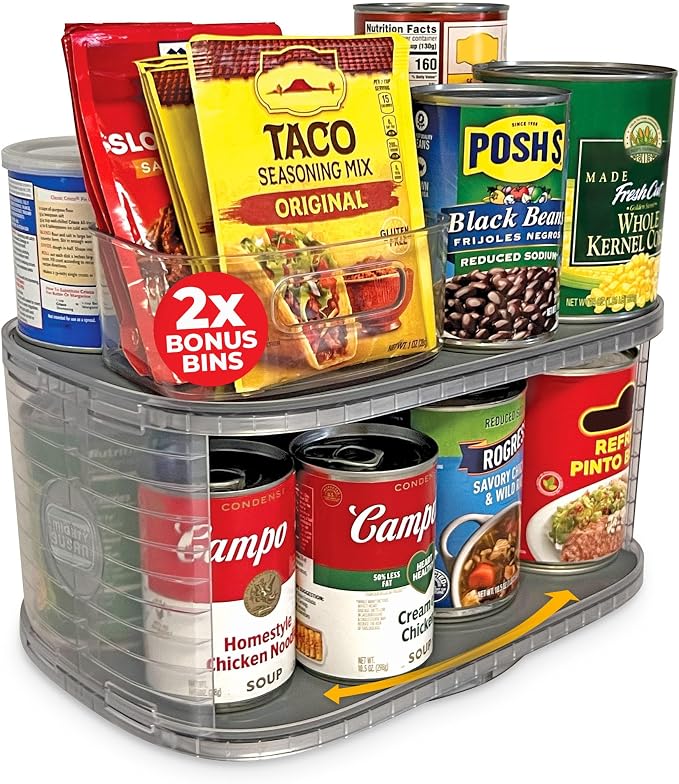 2-Tier Lazy Susan Pantry Organizer – Steel Reinforced Turntable for Kitchen Cabinets & Pantry Storage – Heavy-Duty Can Organizer Holds Up to 30 lbs – Rotates 360° – Includes 2 Bonus Bins | Two Rotating Steel-Reinforced Shelves, Holds 30 lbs, 360-Degree...