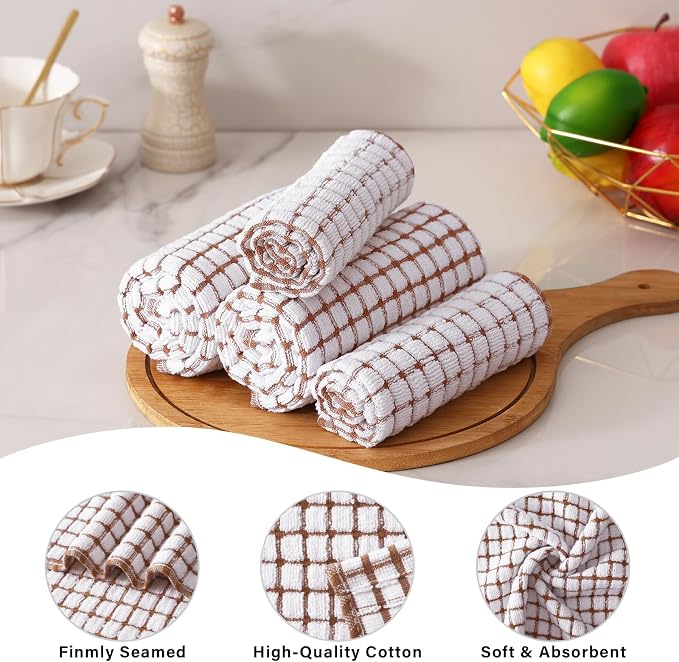 Kitinjoy Cotton 12 Pack Terry Kitchen Towels, Brown | 16 x 25 Inches Super Soft and Absorbent Dish Towels, Quick Drying hand towels for kitchen Drying