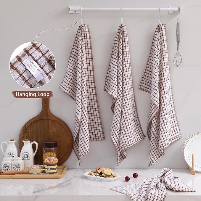 Mordimy Premium Cotton Kitchen Towels 16"x 25", Brown Check Design, 8 Pack | Super Absorbent Terry Kitchen Hand Towels, Large Natural Ring Spun 360 GSM Dish Towels, Soft Tea Towels with Hanging Loop