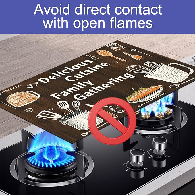 HOMETITUTE Stove Top Covers for Electric Stove Heat Resistant 28x20 Inch Glass Cooktop Protector Counter Mat Kitchen Decorations Dish Drying Mat Wooden Style Delicious Cuisine Design