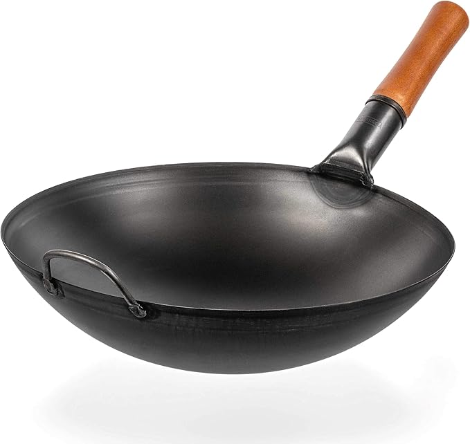 YOSUKATA Carbon Steel Wok Pan 14 in + Premium Wok Cover 14 inch Pan Lid - Wooden Lid 14 in with Ergonomic Handle