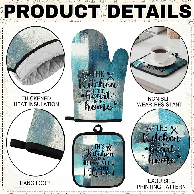 10 Pcs Kitchen Decor and Accessories Set, Farmhouse Teal | 4 Dish Towels Kitchen Rugs 2 Oven Mitts 2 Pot Holders, Home Decor for Cooking Baking BBQ Gifts Women Mom Housewarming