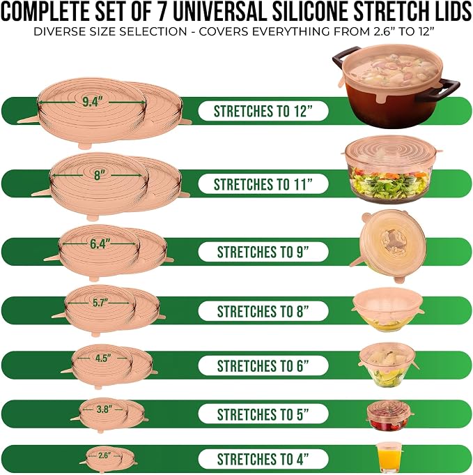 Reusable Silicone Stretch Lids for Food Storage in Fridge - Elastic Heat-Resistant Bowl Covers, Cups, Cans, Jars - Universal Food Grade Lid for Containers - 7 Pack - Apricot Stretchy Lid Set