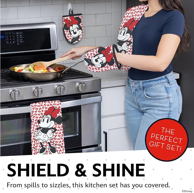 Disney Minnie Cotton Kitchen Towels & Mini Oven Mitts, 4-Piece Set | Absorbent, dries dishes fast, machine washable, mitt grip resists heat to 350F and is hand wash only, great for gifting