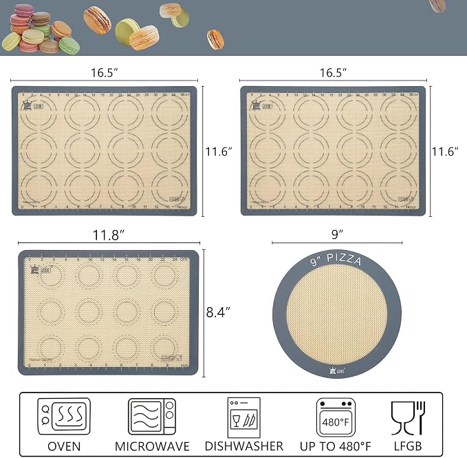 Silicone Baking Mat Set of 4, 2 Medium 16.5"x11.6", 1 Small 11.8"x8.4", 1 Piece 9" Round, All Mats 0.7mm Thick, Food Grade Non-Stick Reusable Baking Mats for Pizza, Bread, Pastry, Macarons