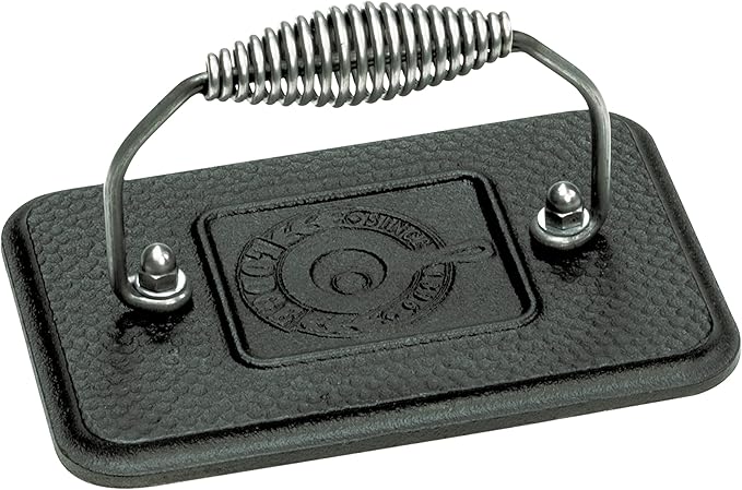 Lodge Seasoned Cast Iron Grill Press - Cool-Grip Spiral Handle - Heavy Duty Cast Iron Grill Press for Sandwiches, Bacon & Griddle Cooking - 6.75 Inches x 4.5 Inches