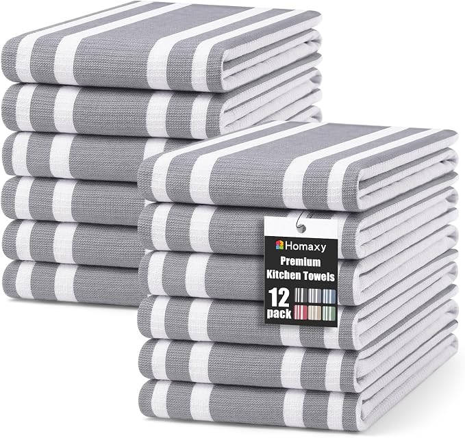 Homaxy Premium Cotton Stripe Kitchen Towels 12 Pack, 18"x 28", Grey | Large 380 GSM Kitchen Hand Towels, Soft Terry Dish Towels, Highly Absorbent Tea Towel Set with Hanging Loop