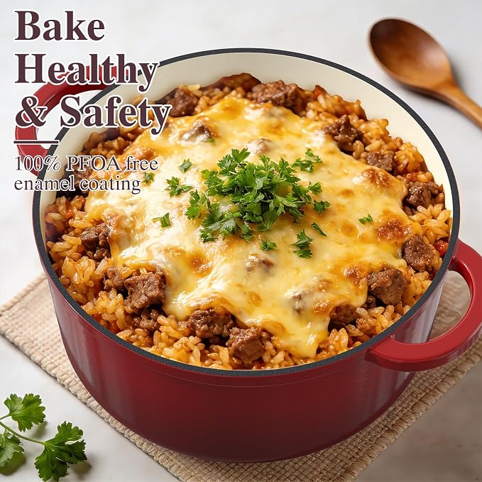 Umite Chef 7QT Enameled Cast Iron Dutch Oven with Lid & Cotton Potholders–Heavy-Duty Cookware for Bread Baking, Braising, Stews, Marinate, Cook(Red)