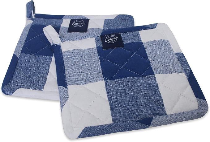 Encasa XO Pot Holders, Quilted Kitchen Hot Pads 8"x8" Buffalo Blue Checks | 100% Eco-Friendly Cotton | Thick Cotton Padding Insulation | Convenient Hanging Loop | Set of 2