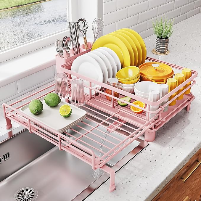SNTD Expandable Dish Drying Rack for Kitchen Counter, Stainless Steel, Pink | Foldable Over Sink, Large Capacity, Adjust to Fit Most Sinks, Angled Drainboard, Removable Utensil Holder, Slip Resistant