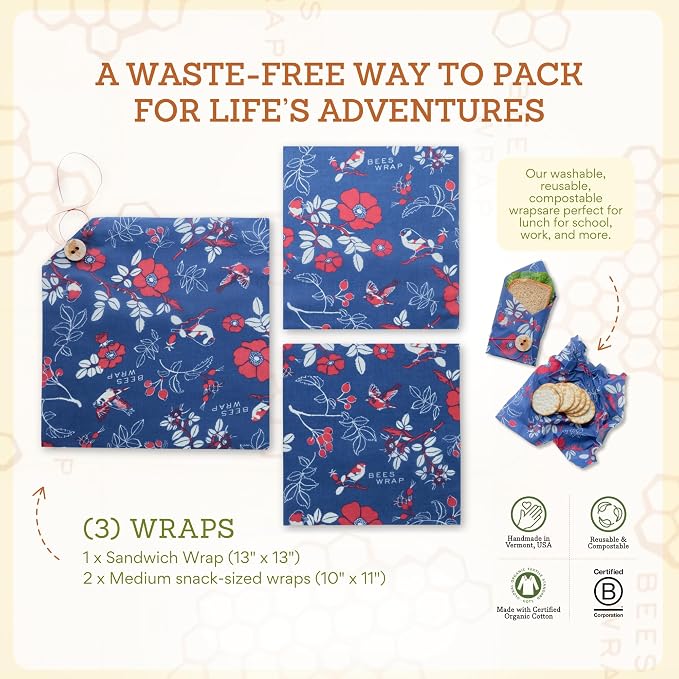 Bee's Wrap Beeswax Food Wraps, 2 Medium & Sandwich Pack - Botanical | Organic Beeswax Wraps - Plastic Free - Reusable Food Storage - Lunches & Leftovers - Made in USA