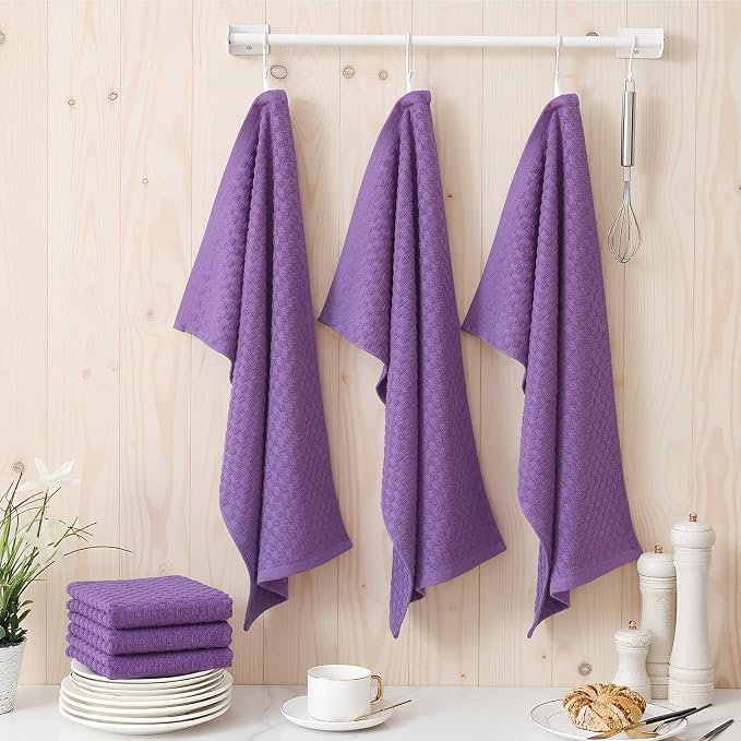 Homaxy 100% Cotton Terry Kitchen Towels(15" x 25", 12 Pack), Purple | Soft and Super Absorbent Dish Towels, 380 GSM Reusable Tea Towel with Hanging Loop, Pineapple Grid Designed