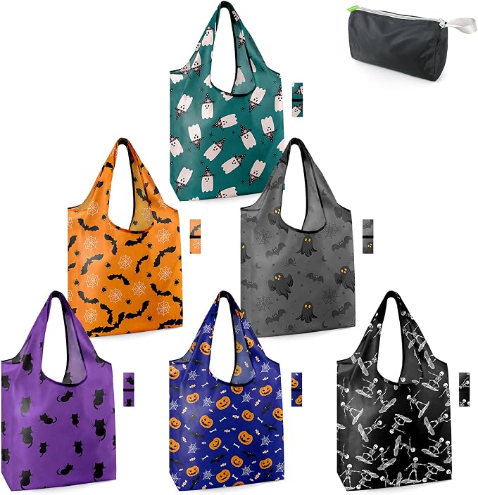 BeeGreen Halloween Bags Spooky Boo Basket Party Reusable Grocery Bags 6 Pack Trick or Treat, Halloween Pumpkin Spiders Ghost Skeleton Black Cat Bat Shopping Bags 50LBS Large