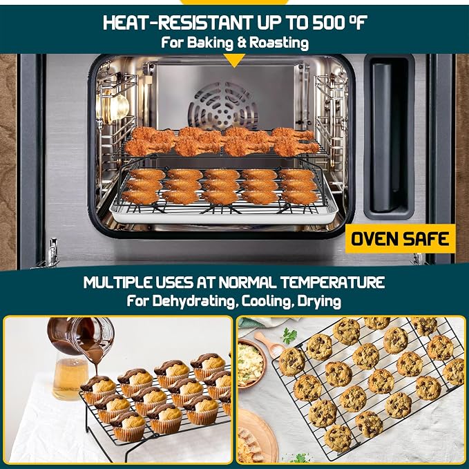P&P CHEF 5-Tier Stainless Steel Cooling Rack, 15" x 10", Black | Stackable Baking Cooking Racks for Cooling Roasting Grilling, Collapsible & Heavy Duty, Oven Safe & Easy Clean
