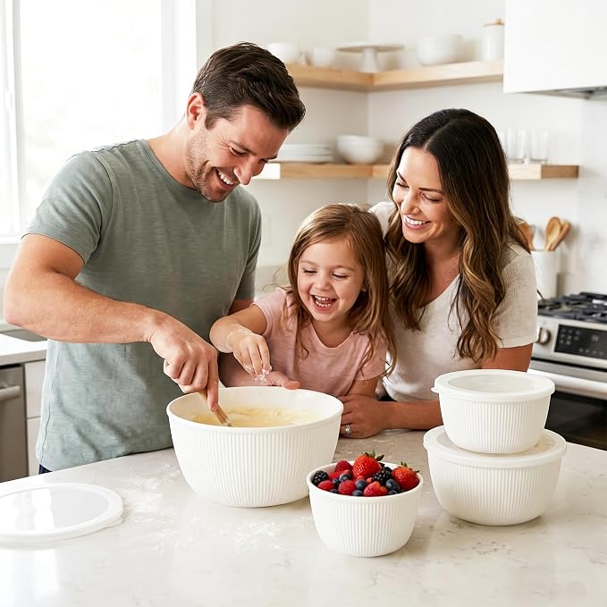 BoxedHome Plastic Mixing Bowls with Lids Set,4.97QT Large Capacity Deep Nesting Bowl,8 Pieces Set BPA-Free Prep Bowls,Dishwasher & Microwave Safe,Beige