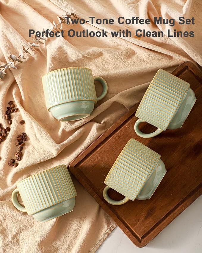 HASENSE Ceramic Coffee Mugs Set of 4 with Rack - 15 oz Stackable Large Porcelain Ribbed Latte Cup Set for Cappuccino, Tea, Hot Cocoa, Drinks - Dishwasher & Microwave Safe, Sage Green