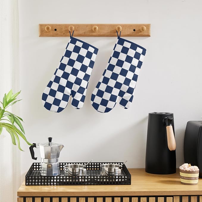 Ohocut Navy Blue Checkered Oven Mitts Heat Resistant, Vintage Retro Checkerboard Cute Oven Mitts, Non-Slip Silicone Kitchen Oven Gloves, 2-Pack Set, 7''x13''