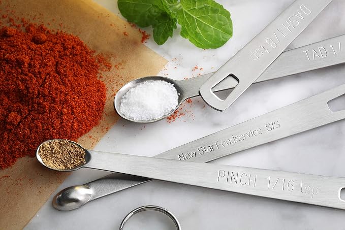 New Star Foodservice 42924 Stainless Steel Mini Measuring Spoons Set, 5-Piece Small Metal Measuring Spoon Set for Spices, Baking, Cooking, Dash, Pinch, Smidgen, Drop, Tad, Silver