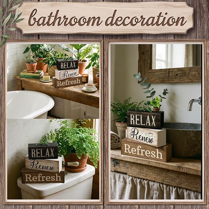 Lineshading 4 Pcs Wooden Farmhouse Block Signs Relax Renew Refresh | Rustic Tiered Tray Decor for Bathroom Shelf, Living Room, Farmhouse Home Decorations, Distressed Wood Finish with Greenery