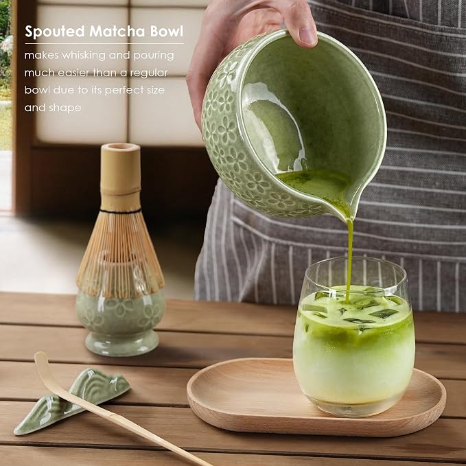 7Pcs Matcha Whisk Set, Matcha Set Whisk and Bowl,Bamboo Scoop, Scoop Rest, Sifter and Tea Towel, Matcha Kit W/Carved Cherry Blossm Pattern for Matcha Lovers (Sakura Green) | Bamboo Scoop, Scoop Rest, Sifter and Tea Towel, Matcha Kit W/Carved Cherry Blo...