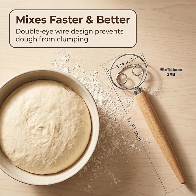 Maxjoy Danish Dough Whisk Stainless Steel Wood Handle for Sourdough Bread | 2-Eye No-Clump Dutch Whisk, Food-Safe Steel Head, Non-Slip Wood Grip, Hand Dough Mixer, Dishwasher Safe, for Sourdough Baking