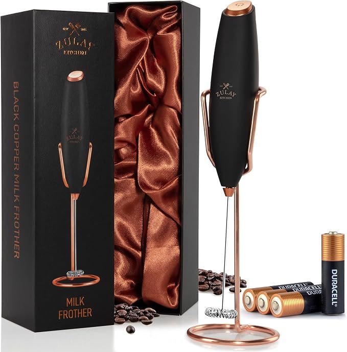 Zulay Kitchen Powerful Milk Frother Wand With Duracell Batteries - Ultra Fast Handheld Drink Mixer - Electric Whisk Foam Maker for Coffee, Lattes, Cappuccino & Matcha - Z1 Motor - Exec Black Copper