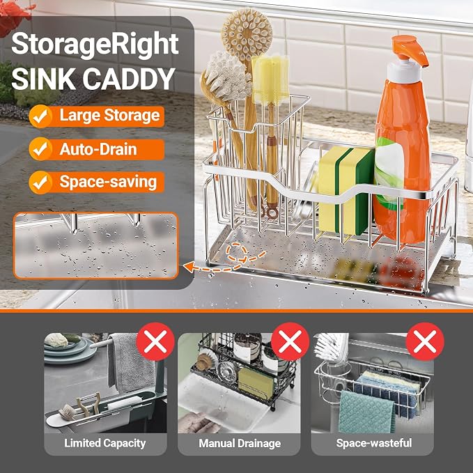 StorageRight Sponge Holder for Kitchen Sink, Sink Caddy Organizer, Silver | Rustproof Kitchen Sink Organizers with High Brush Holder & Self Drain Tray, Anti-Slip Kitchen Countertop Storage Essentials