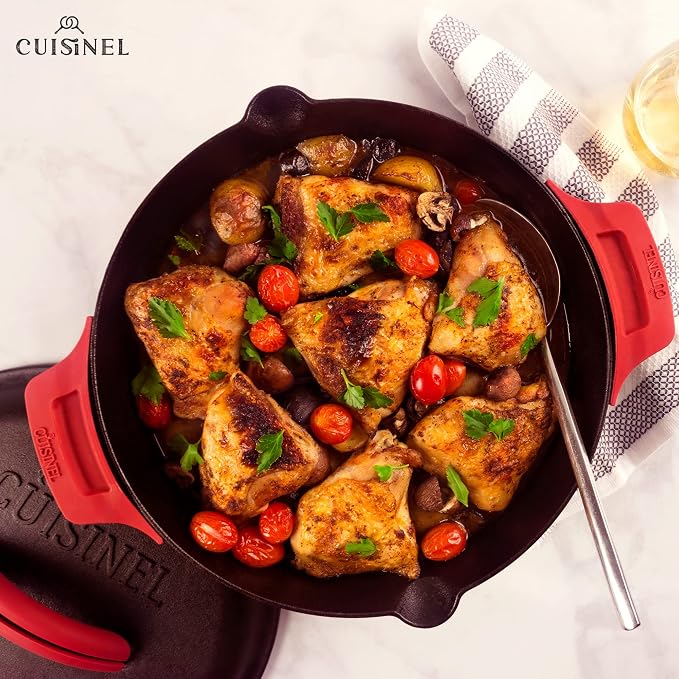 Cast Iron Skillet Set - 10" + 12"-Inch Dual Handle Frying Pans + Silicone Handle Holder Covers + Pan Scraper - Pre-Seasoned Oven, Grill, Stovetop, Induction Safe Kitchen Cookware - Indoor/Outdoor Use
