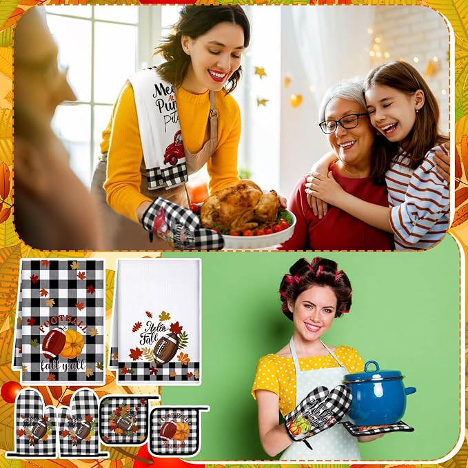 Leinuosen 6 Pack Fall Thanksgiving Kitchen Set with 2 Hello Pumpkin Dish Towels, 2 Buffalo Plaid Pot Holders and 2 Car Oven Mitts for Gifting, Baking, and Cooking Accessories