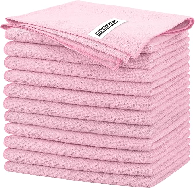 Pink Microfiber Cleaning Cloth -Pack of 12, Highly Absorbent Cleaning Rags, 16"X12" All Purpose Cleaning Towels for Housekeeping, Kitchen, Car, Lint Free and Reusable Microfiber Towels