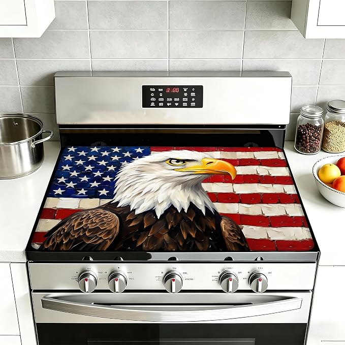 Electric Stove Top Cover,Bald Eagle Stove Cover for Glass Top Electric Stove,American Flag Heat Resistant Flat Top Stove Mat Countertop Protector, 28 x 20 Inch