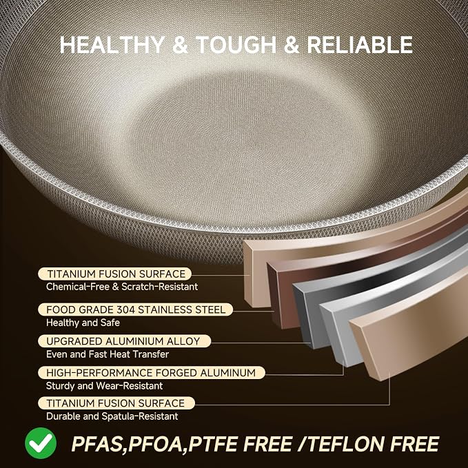 13" Titanium Wok Pan with Lid,Non-stick Flat Bottom Titanium | PFAS & PFOA free,Non-toxic, Fits induction & gas stoves,Traditional Chinese Pan for Stir Fry