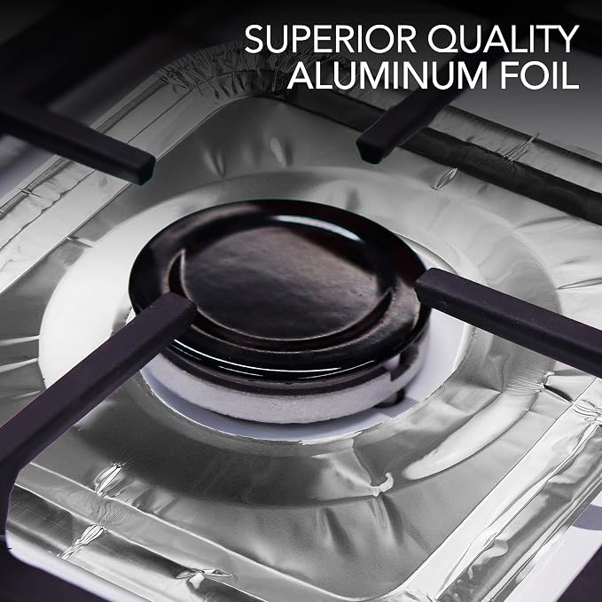 Disposable Gas Burner Liners (100 Pack) Aluminum Foil Square Gas Stove Burner Covers - 8.5 Inch Gas Range Protector, Stove Top Covers for Gas Burners, Foil Liners to Catch Oil, Grease, and Food Spills