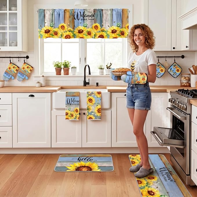 Fourluoo 16 Pcs Sunflower Kitchen Decor Set Kitchen Towels Non Slip Rugs and Mats Oven Mitts Gloves Pot Holders Placemats Curtains for Decor Gift