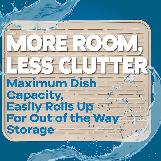Large Silicone Dish Drying Mat for Kitchen Counter or Under Sink, 16" x 12" Large, Waterproof Pet Feeding Mat, Water Bowls, Under Drying Racks for Dishes, Coffee Bars, Bar Mats (Beige)…