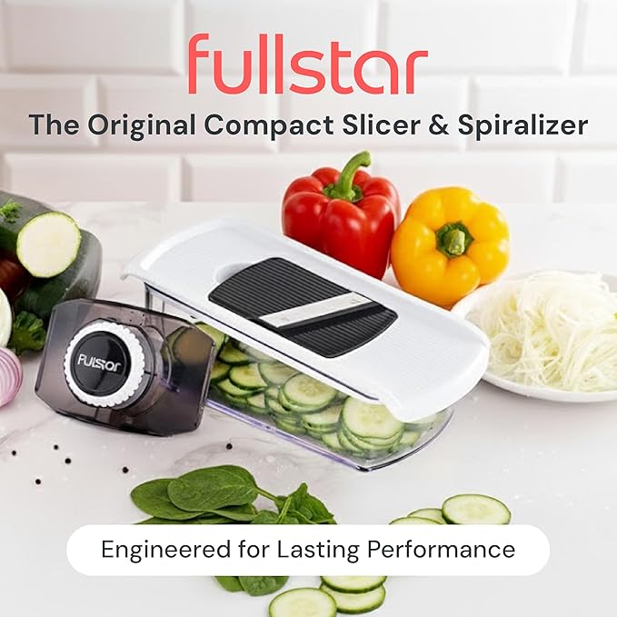 Fullstar Pro Mandoline Vegetable Slicer, Grater & Spiralizer with Container | 6 in 1 Fruit Cutter, Cheese Grater & Spiralizer with Safety Gloves, Stainless Steel Blades & Container (White)