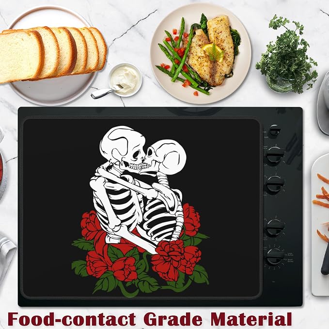 Skull Red Rose Electric Stove Top Cover Protector,Flowers Skeleton Glass Flat Top Stove Mat,Heat-Resistant Oven Induction Cooktop Mat for Ceramic Countertop Mats Dish Drying Mat